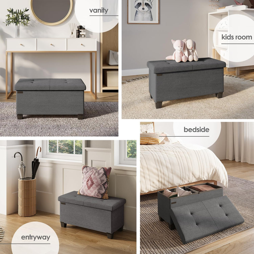 Storage Ottoman Bench with Bins, 30-in Storage Bench for Bedroom End of Bed, Folding Foot Rest Ottoman for Living Room Max 660lbs, Fabric Ottomans, Grey