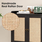 Sideboard Buffet Cabinet with Storage, Rustic Bar Liquor Cabinet with Boho Rattan Decorated Doors, Retro Credenza Console Table for Dining Room Living Room Hallway EntryWay, Black