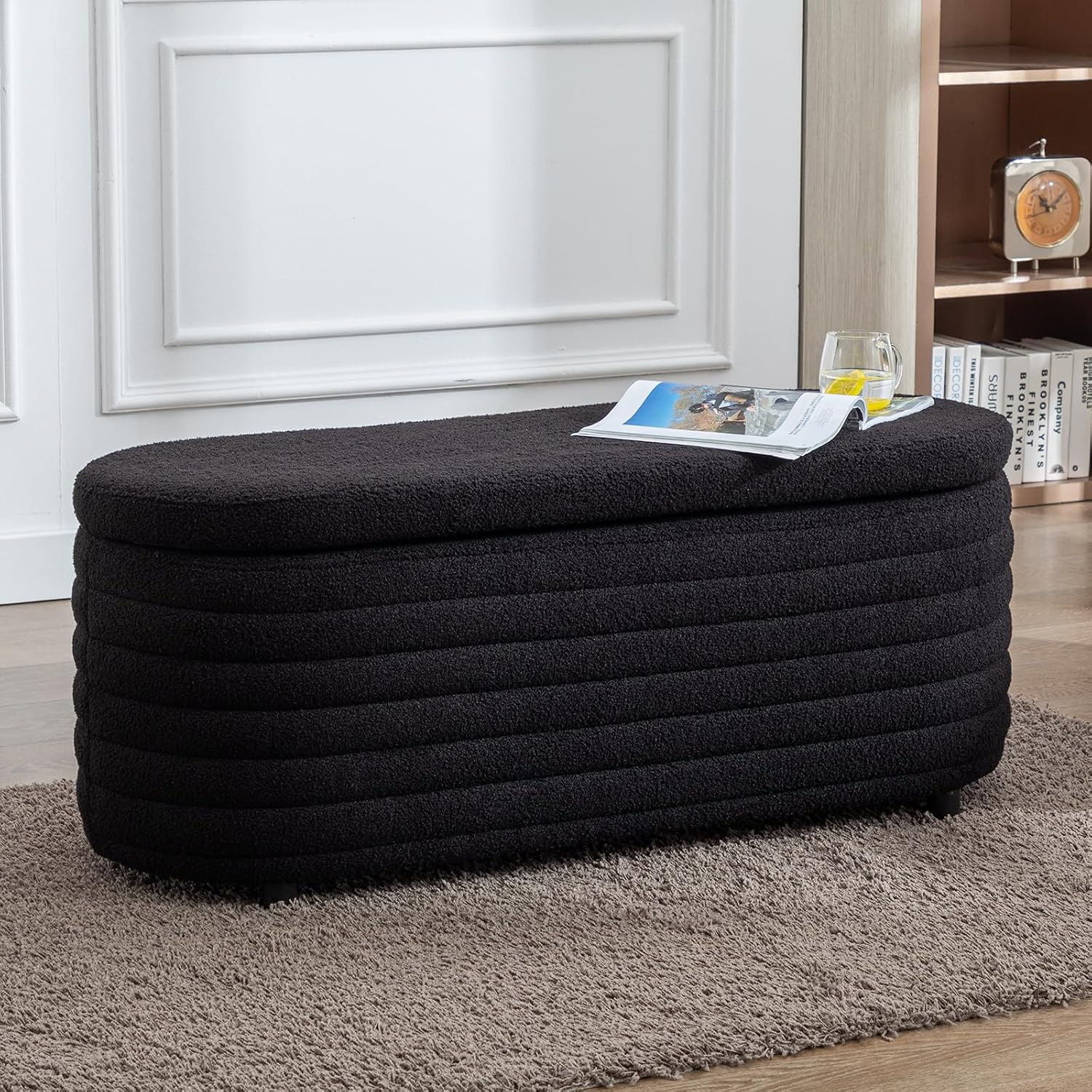 Storage Ottoman Bench Upholstered Fabric Storage Bench End of Bed Stool with Safety Hinge for Bedroom, Living Room, Entryway (45.5-inch, Black)