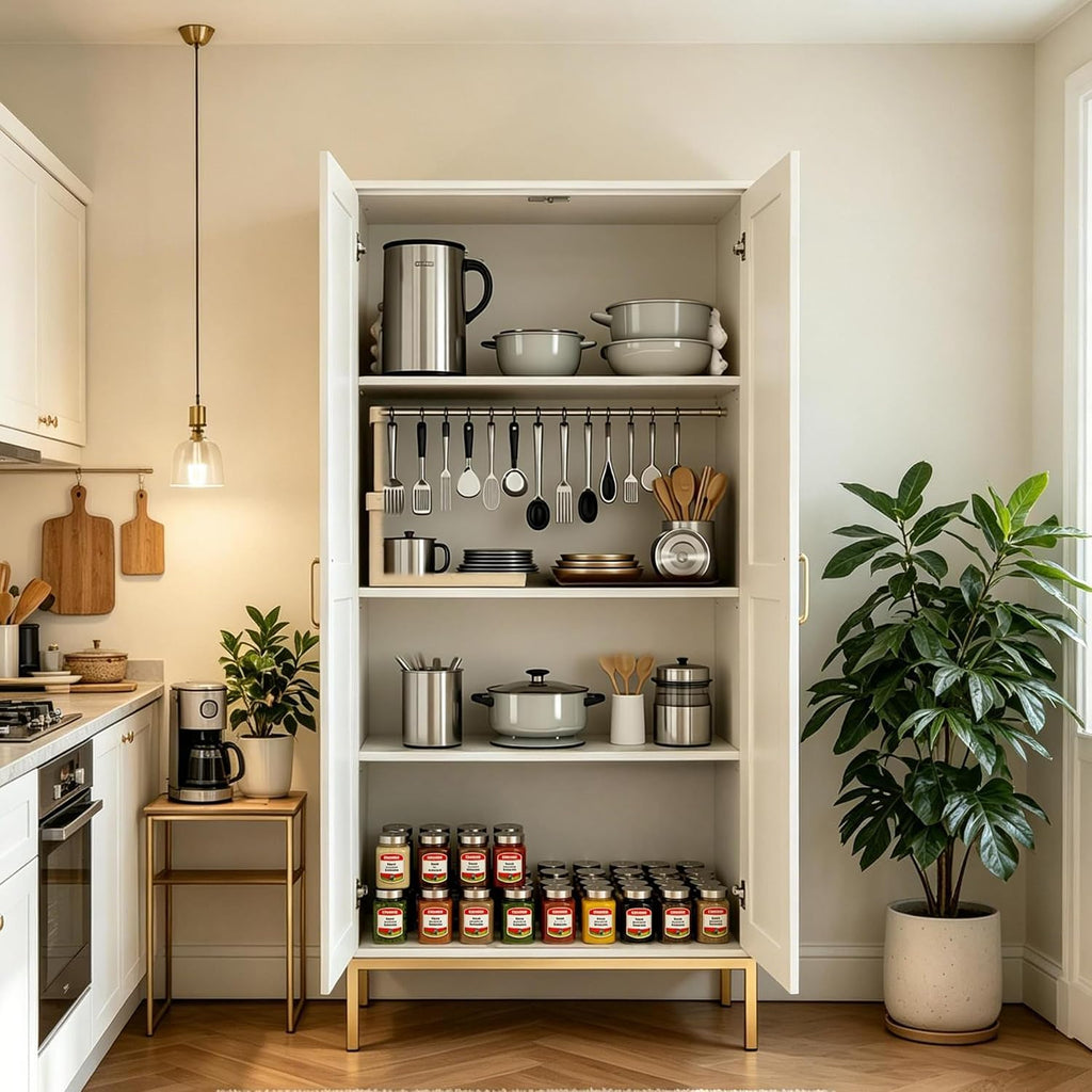 Kitchen Pantry Cabinet,Kitchen Pantry with 2 Adjustable Shelves,4 Shelf Cabinet,Freestanding Floor Cabinet,Unit for Garage Storage,Pantry,Laundry Room,Organization and Storage,White