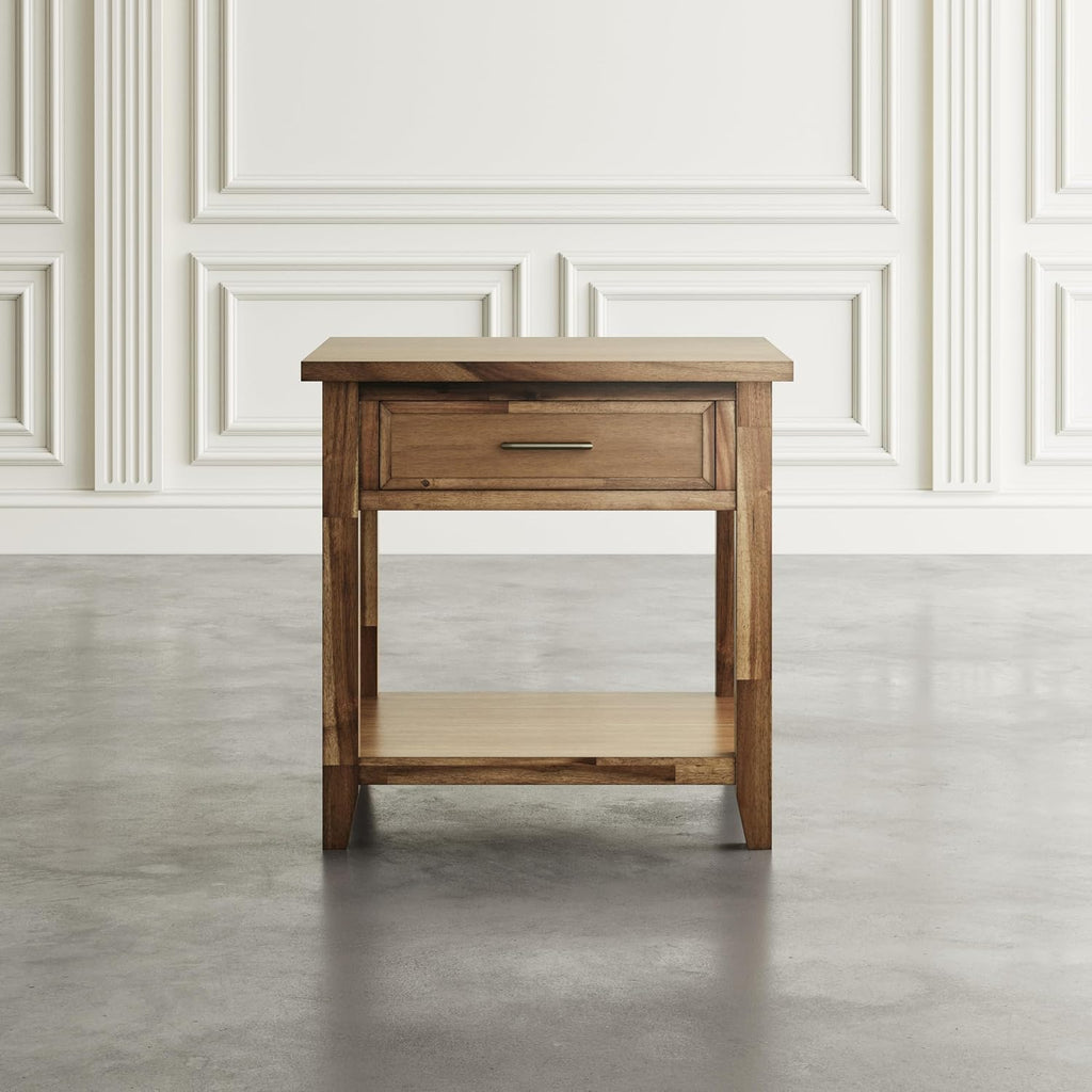 Jofran Acacia Wood Square End Table with Storage, Transitional Rustic Side Table for Living Room Bedroom, Accent Table, Wire Brush Brown