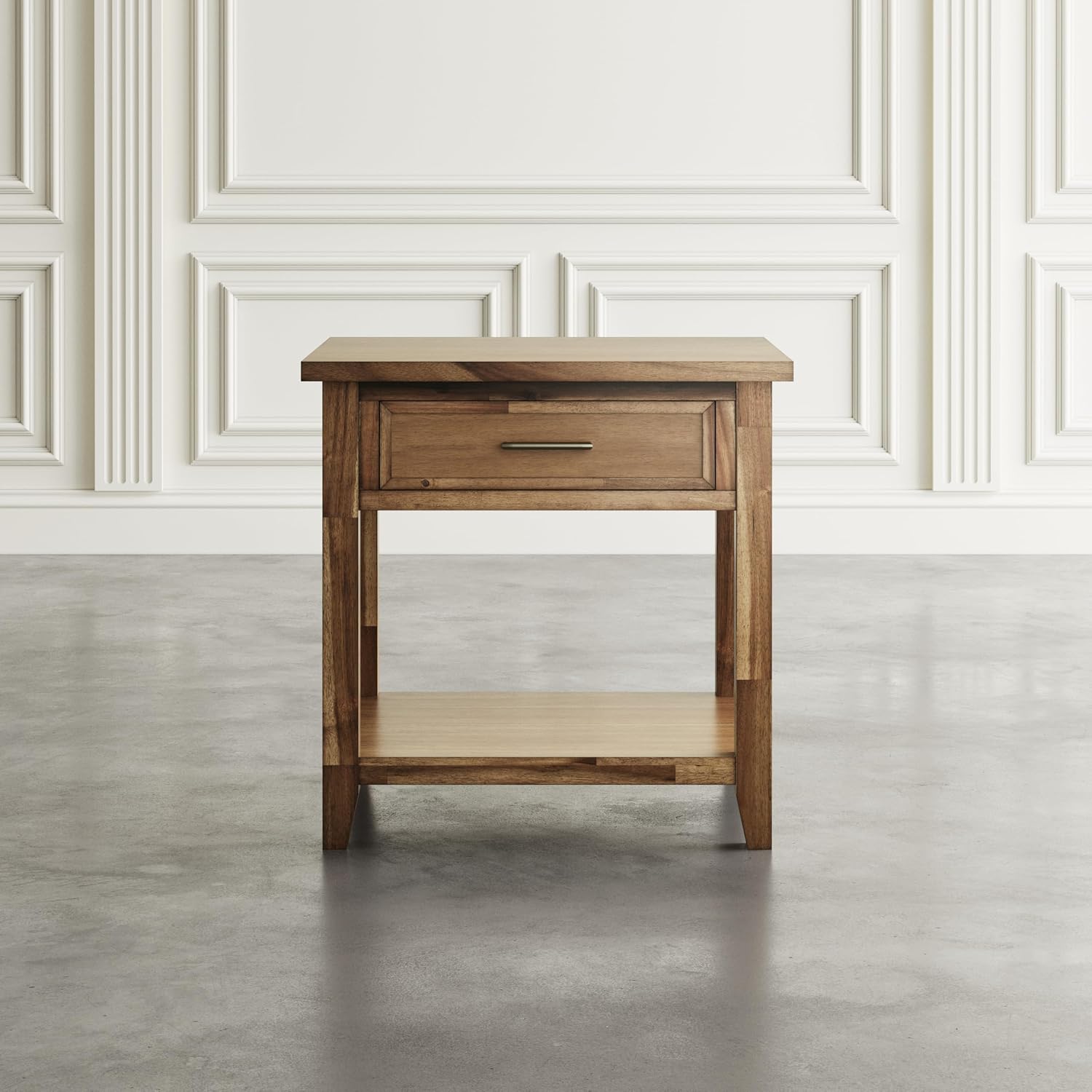 Jofran Acacia Wood Square End Table with Storage, Transitional Rustic Side Table for Living Room Bedroom, Accent Table, Wire Brush Brown