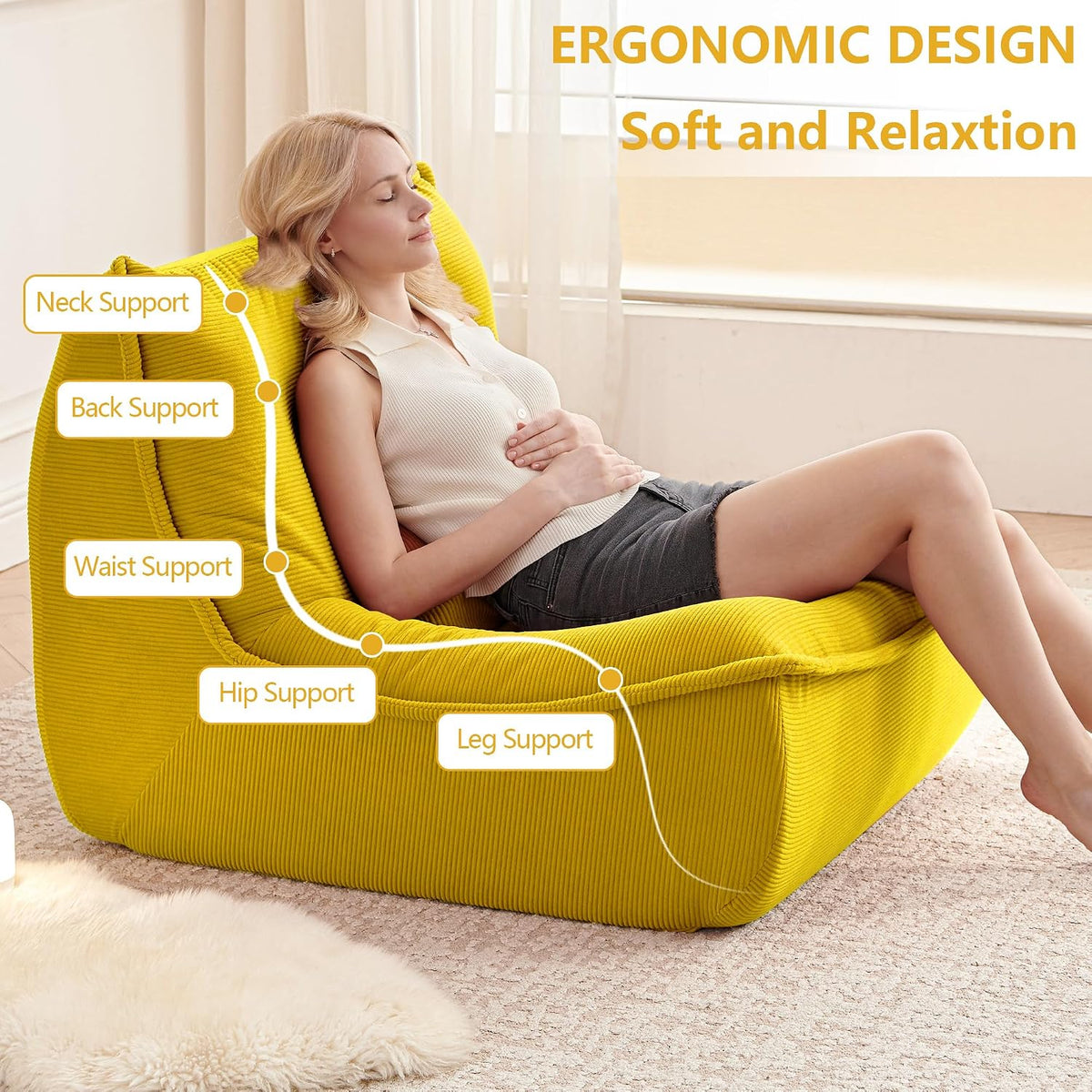 Bean Bag Chair for Adults, Single Lounge Chair with Lumbar Pillow, Comfy Floor Sofa with High-Resilience Foam, Lazy Accent Chair for Living Room, Bedroom, Apartment, Or Reading Corner, Yellow