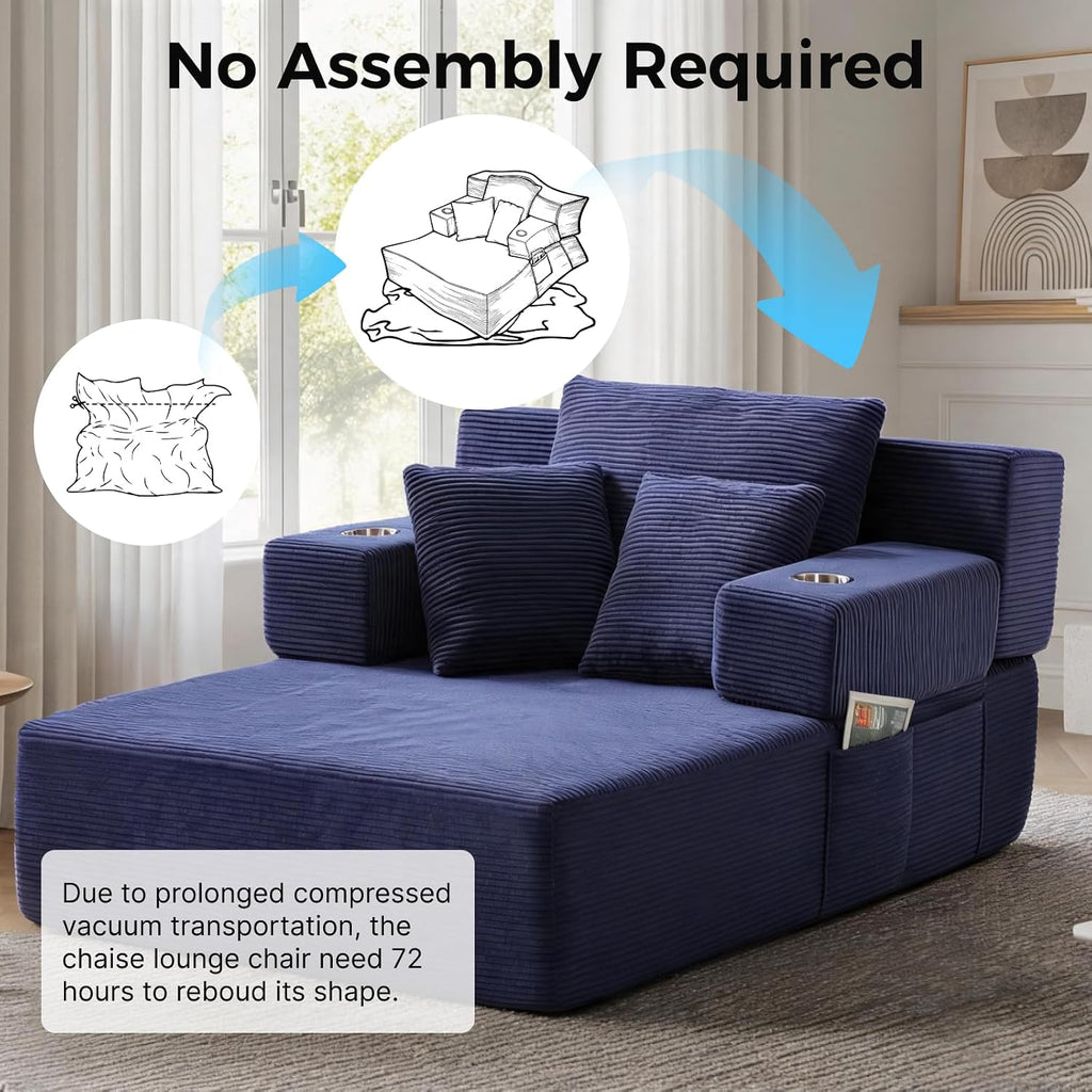 70"Chaise Lounge Chair, Oversized Chair & 2 Cup Holder 4 Pockets | Oversized Corduroy Lounge Chair Indoor Convertible, 3 Pillows, Deep Seat Sleeper Sofa Bed, Living Room, Reading, No Assembly