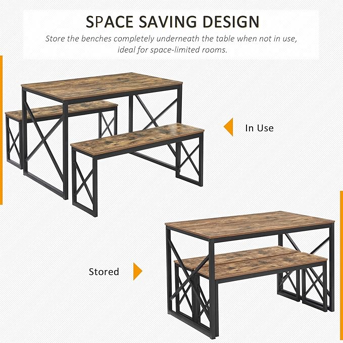 VECELO Kitchen Table with 2 Benches for 4, Wood Dining Room Dinette Sets for Breakfast Nook and Small Space, Brown