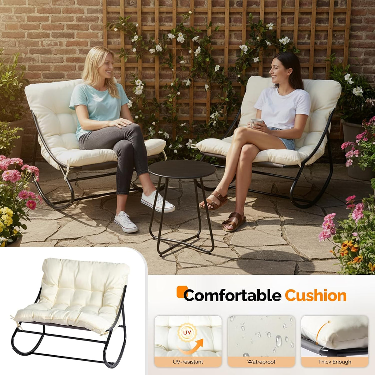 VINGLI Rocking Patio Chairs Set of 2 with Side Table, Heavy Duty 400 LBS Capacity, Padded Outdoor Indoor Rockers, White