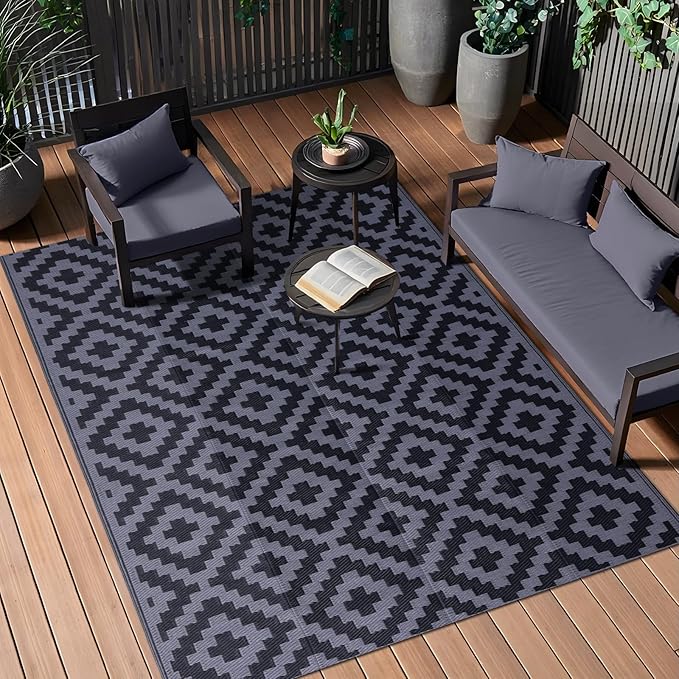 OLANLY Waterproof Outdoor Rug 5x8 ft, Outdoor Plastic Straw Rug for Camping, RV Mat Outside, Indoor Outdoor Carpet for Porch, Deck, Backyard, Balcony, Picnic, Black & Grey