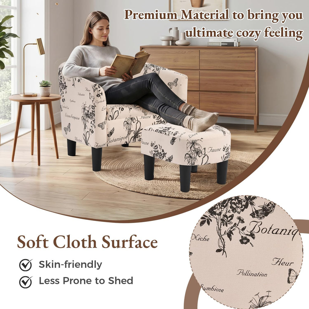 INZOY Oversized Accent Chair with Ottoman, 23.2" W Oversized Club Chair with Ottoman Set, Comfy Fabric Barrel Reading Chairs for Living Room Bedroom, Round Reading Chair with Foot Rest, Flower Pattern