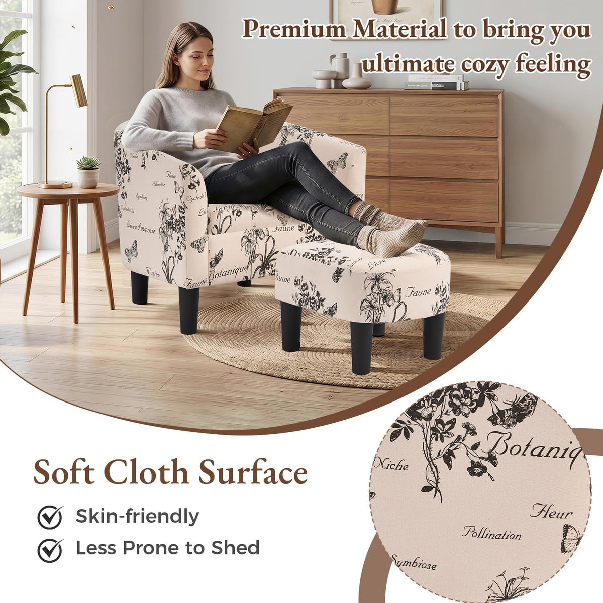 INZOY Oversized Accent Chair with Ottoman, 23.2" W Oversized Club Chair with Ottoman Set, Comfy Fabric Barrel Reading Chairs for Living Room Bedroom, Round Reading Chair with Foot Rest, Flower Pattern