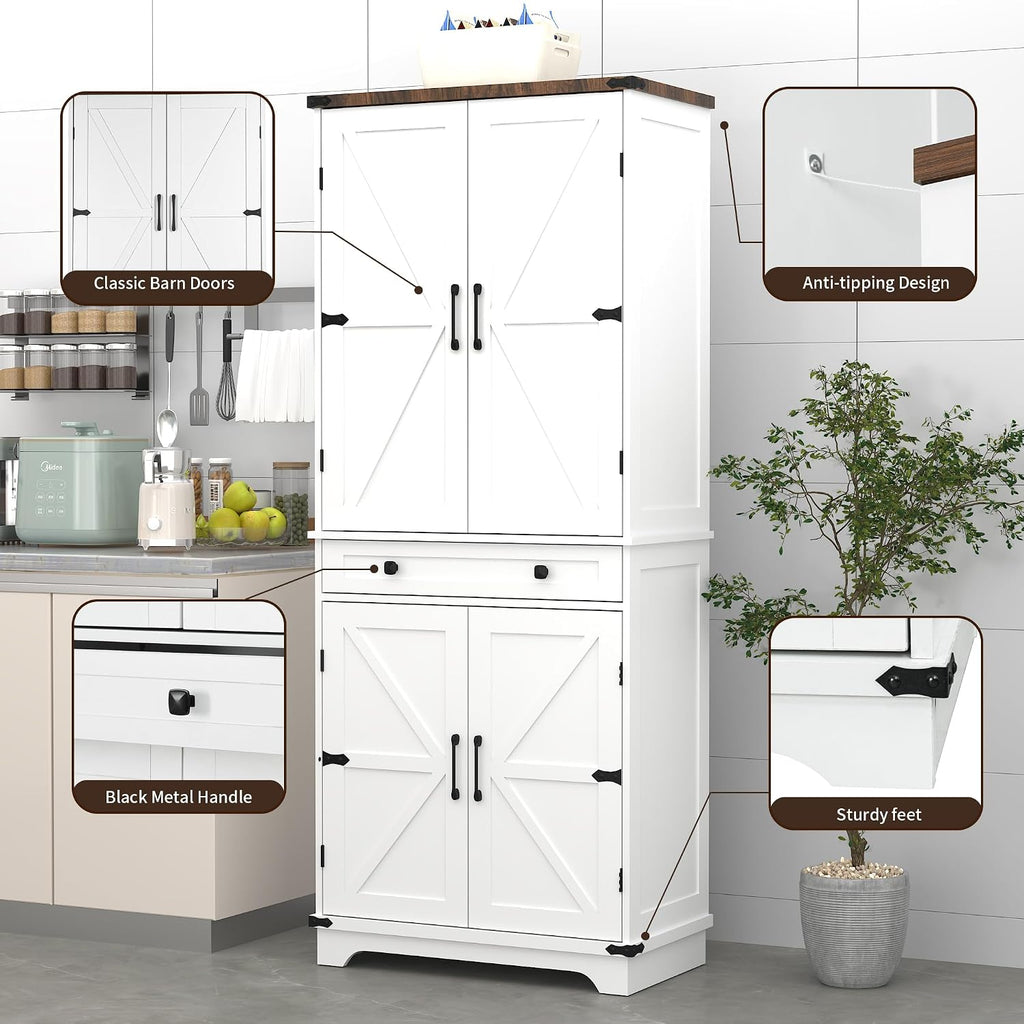 71" Tall Kitchen Pantry Storage Cabinet with Drawer & 4 Barn Doors, Freestanding Storage Cupboard with Adjustable Shelves, Large Capacity Floor Cabinet for Kitchen, Dining Room, Bathroom, White