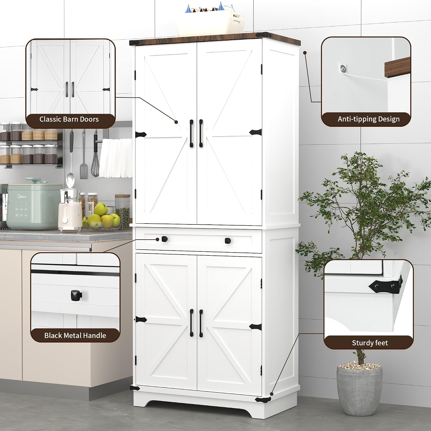 71" Tall Kitchen Pantry Storage Cabinet with Drawer & 4 Barn Doors, Freestanding Storage Cupboard with Adjustable Shelves, Large Capacity Floor Cabinet for Kitchen, Dining Room, Bathroom, White
