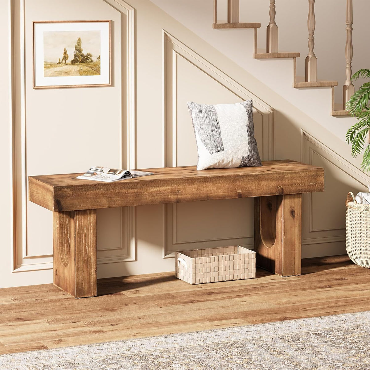 Solid Wood Shoe Bench, 47" Long Farmhouse Entryway Bench with Sturdy Legs, Narrow Rustic End of Bed Bench for Hallway, Living Room, Bedroom, Easy Assembly
