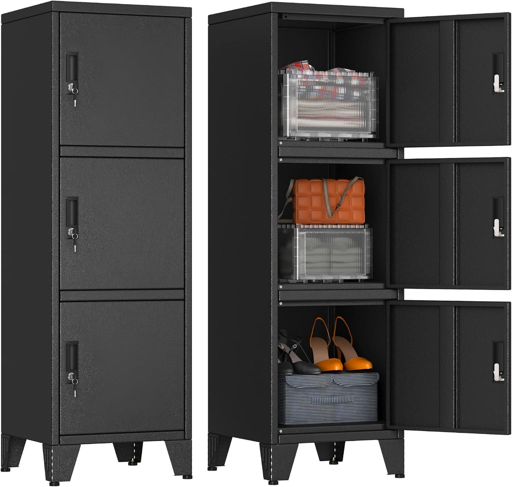 Metal Lockers for Employees-3 Doors Storage Locker with Shelves and Lockable Steel Cabinet for School,Gym,Office,Staff,Assembly Required,Black