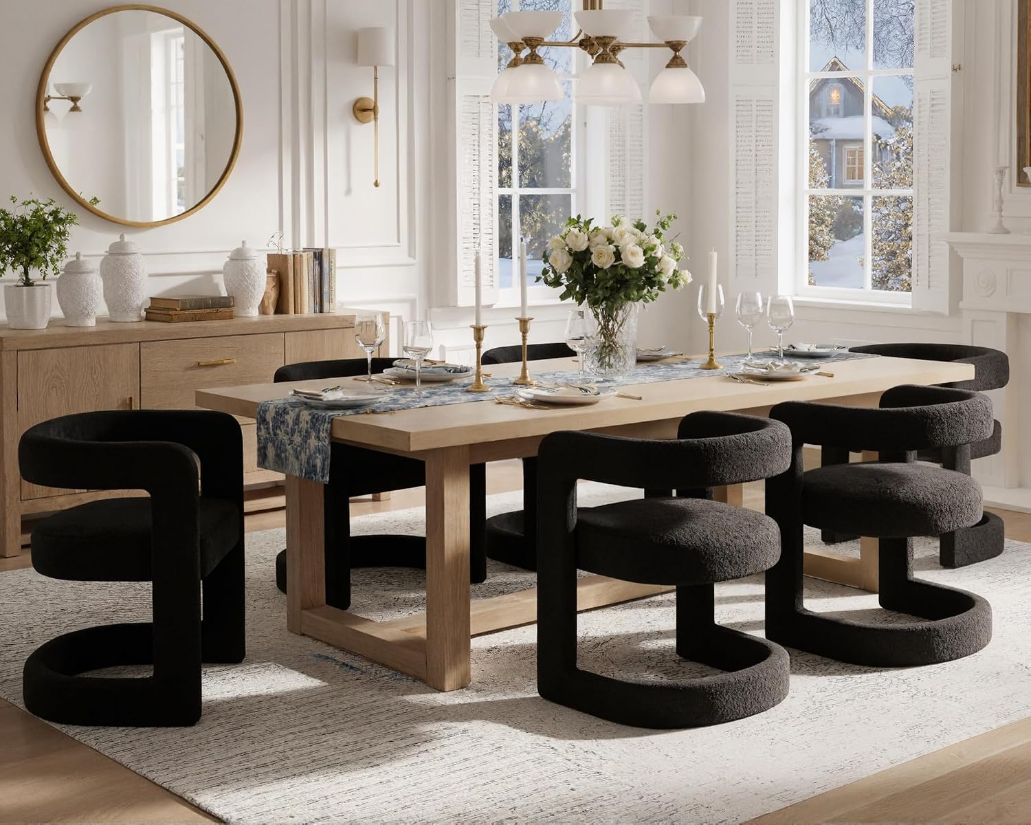 Black Barrel Dining Chairs Set of 6, Modern Boucle Upholstered Dining Room Chairs with Open Back & Sled Base, No Assembly Kitchen Arm Chairs, Comfy Accent Makeup Vanity Chair for Living Room Bedroom