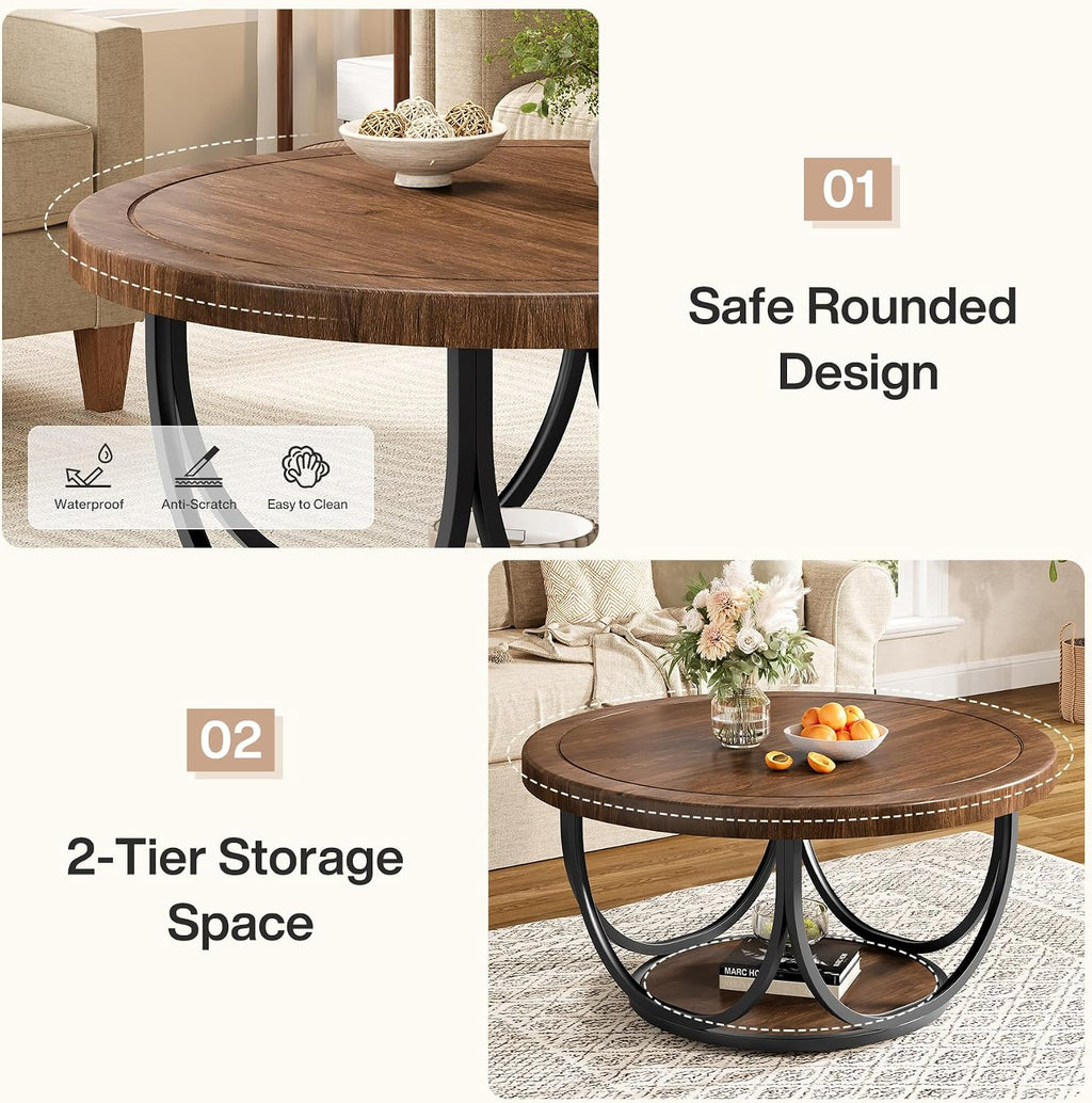 Tribesigns Round Coffee Table with 2 Tiers, 31.5" Wooden Circle Accent Cocktail Table with Storage Shelf and Metal Frame, Industrial Center Tables for Living Room, Brown & Black