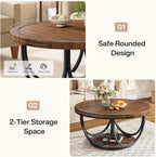 Tribesigns Round Coffee Table with 2 Tiers, 31.5" Wooden Circle Accent Cocktail Table with Storage Shelf and Metal Frame, Industrial Center Tables for Living Room, Brown & Black