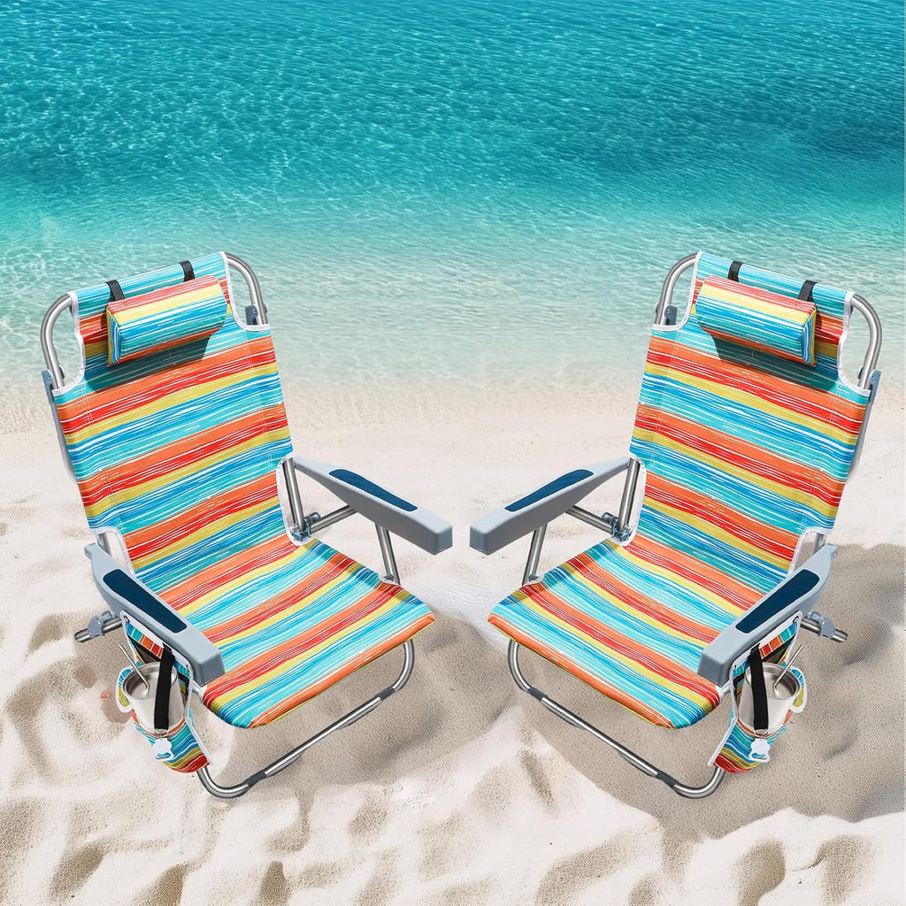 PASAMIC Backpack Beach Chairs for Adults 2 Pack Portable, Lay Flat Reclining Beach Chairs with 5 Positions, Tall Heavy Duty Folding Chair with Cup Holder, Cooler Pouch, Towel Bar, Multicolor Stripe