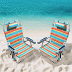 PASAMIC Backpack Beach Chairs for Adults 2 Pack Portable, Lay Flat Reclining Beach Chairs with 5 Positions, Tall Heavy Duty Folding Chair with Cup Holder, Cooler Pouch, Towel Bar, Multicolor Stripe