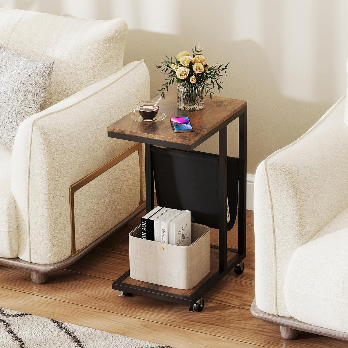 Tangkula Mobile C Shaped Side Table, 2 Tier Sofa Couch Table with Canvas Storage Pouch, Industrial End Table with Metal Frame & 360° Rolling Casters for Living Room, Bedroom