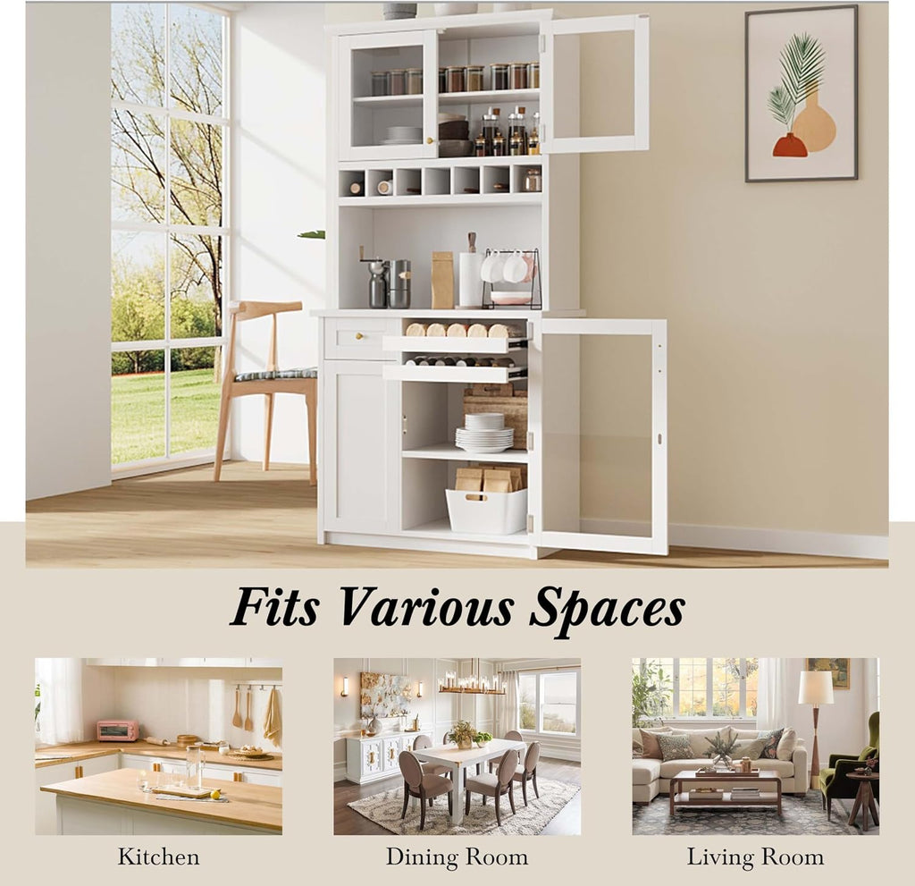 35” Wide Kitchen Hutch with Countertop, Farmhouse Pantry Cabinet with Microwave Shelf | Glass Doors | Wine Rack | Bottle Trays | Drawer, Wooden Structure (White)