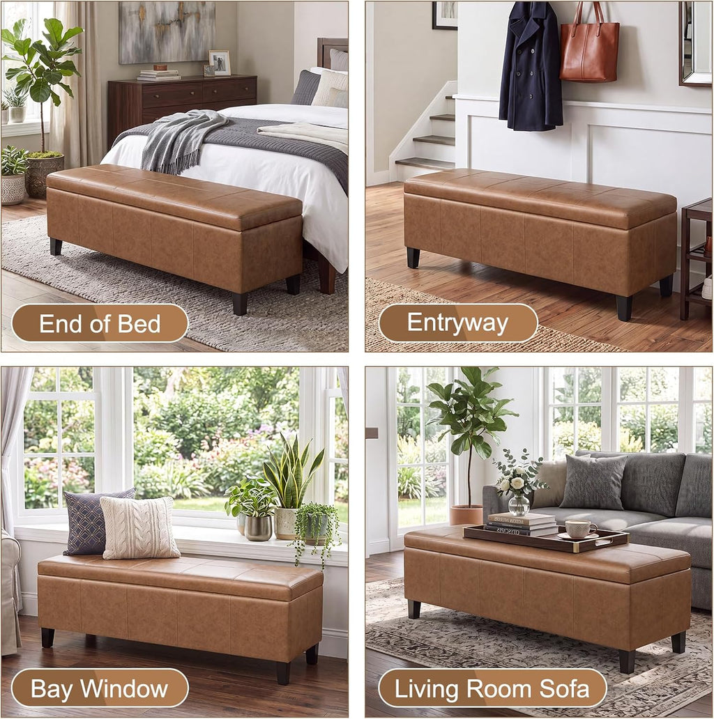Faux Leather Storage Bench Ottoman, 50 Inch Upholstered Storage Bench with Large Compartment, Durable Accent Seating Bench for Entryway, Bedroom, Living Room Furniture