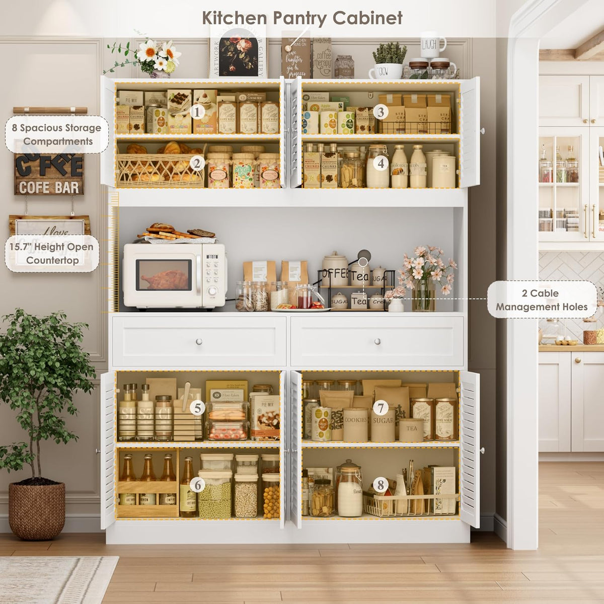 HIFIT 71“HX55“W Large Pantry Cabinet for Food Storage, Farmhouse Kitchen Hutch with Storage Drawers, Tall Kitchen Pantry Cabinet with Microwave Stand for Dining Living Room, White