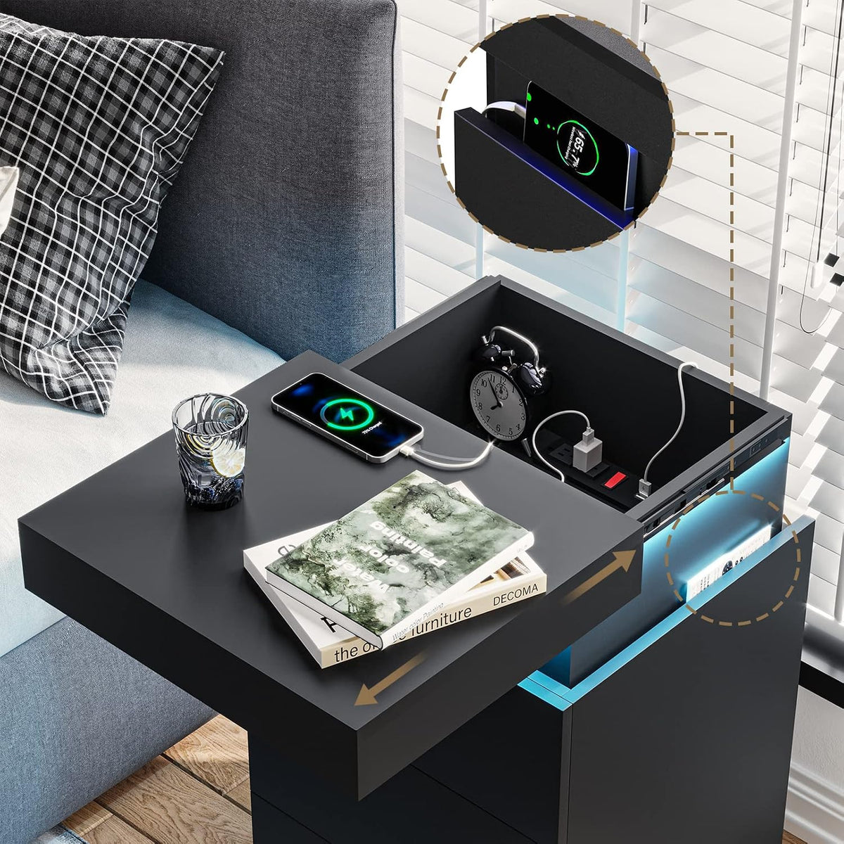 ADORNEVE Black Nightstand with Charging Station and LED Lights | Modern Night Stand with Sliding Top,Bedside Table with Drawers,Bed Side Tables Bedroom