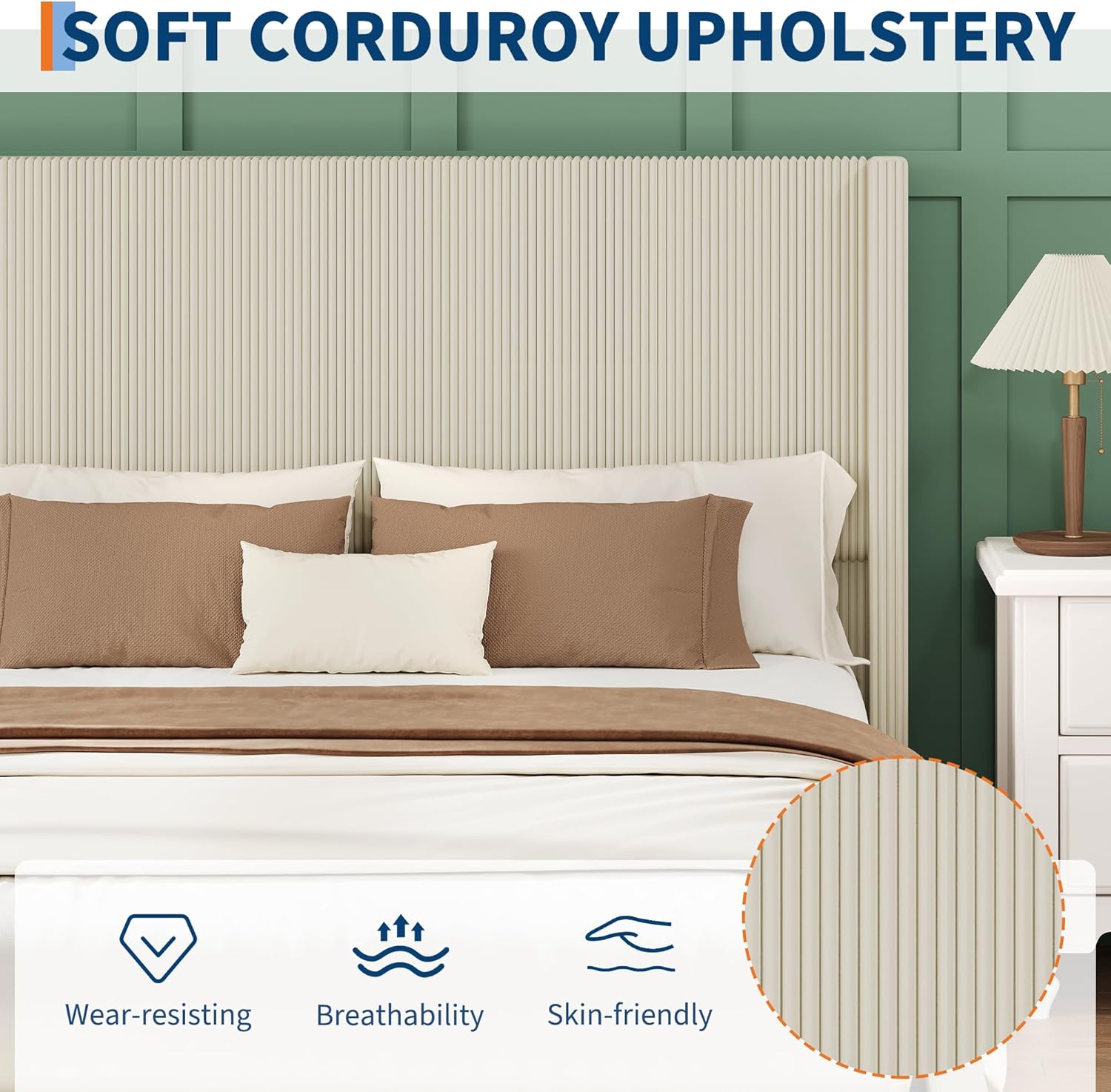King Bed Frame with 4 Storage Drawers, Corduroy Upholstered Platform Bed