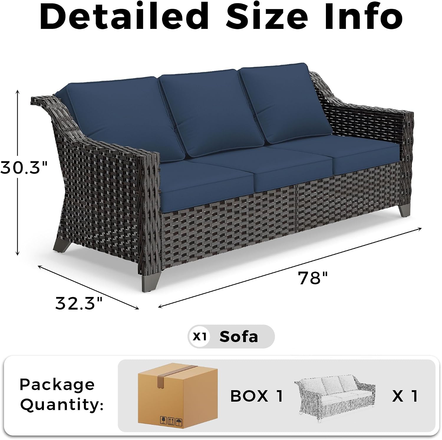 Outdoor Couch, Wicker Outdoor Conversation Set | Patio Couch with Olefin Removable Cushion, All-Weather Wicker Sofa with Deep Seat for Porch, Deck and Backyard, Blue