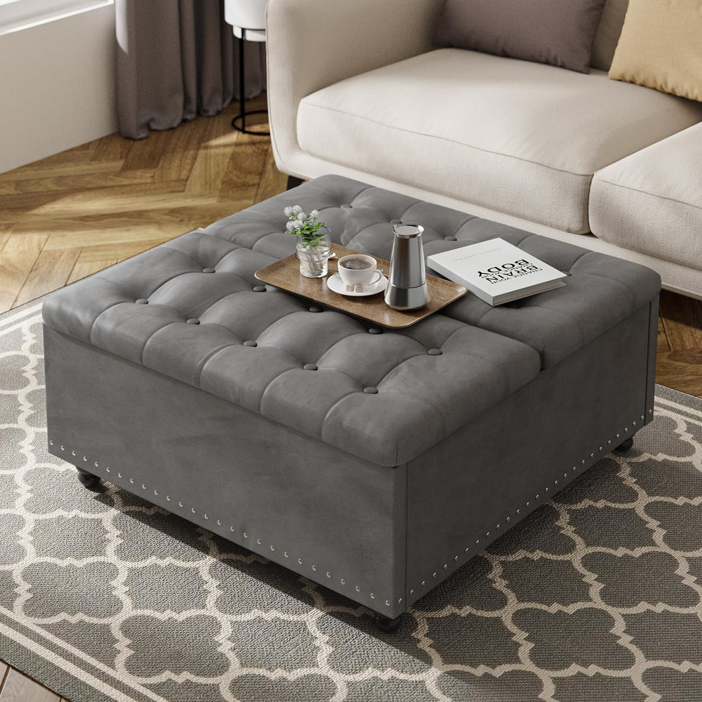 FUXA 35" Large Square Ottoman with Storage and Lift Top, Wood Legs, Gray | Oversized Coffee Table, Tufted Upholstered Bench, Sturdy Construction, for Living Room