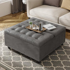 FUXA 35" Large Square Ottoman with Storage and Lift Top, Wood Legs, Gray | Oversized Coffee Table, Tufted Upholstered Bench, Sturdy Construction, for Living Room