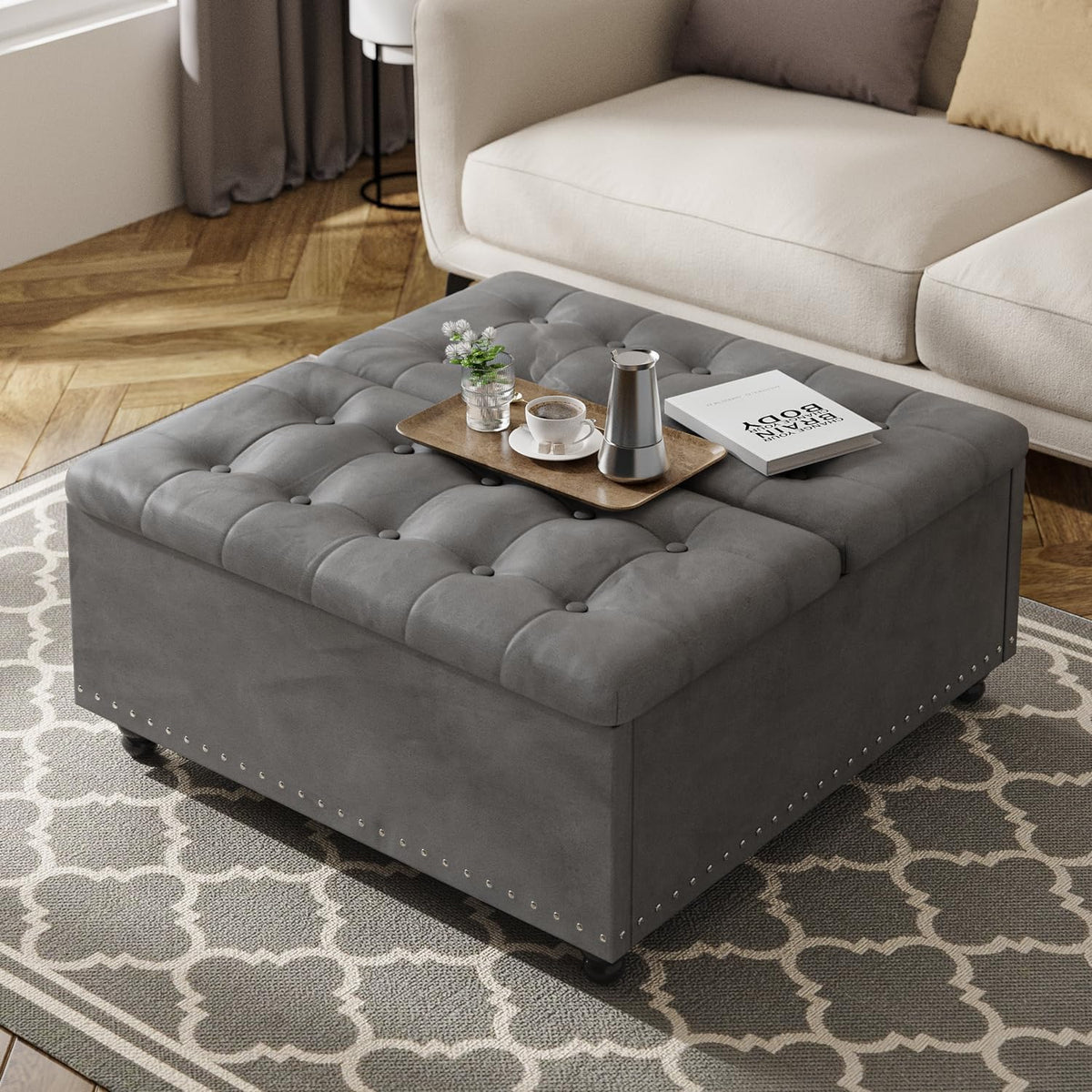 FUXA 35" Large Square Ottoman with Storage and Lift Top, Wood Legs, Gray | Oversized Coffee Table, Tufted Upholstered Bench, Sturdy Construction, for Living Room