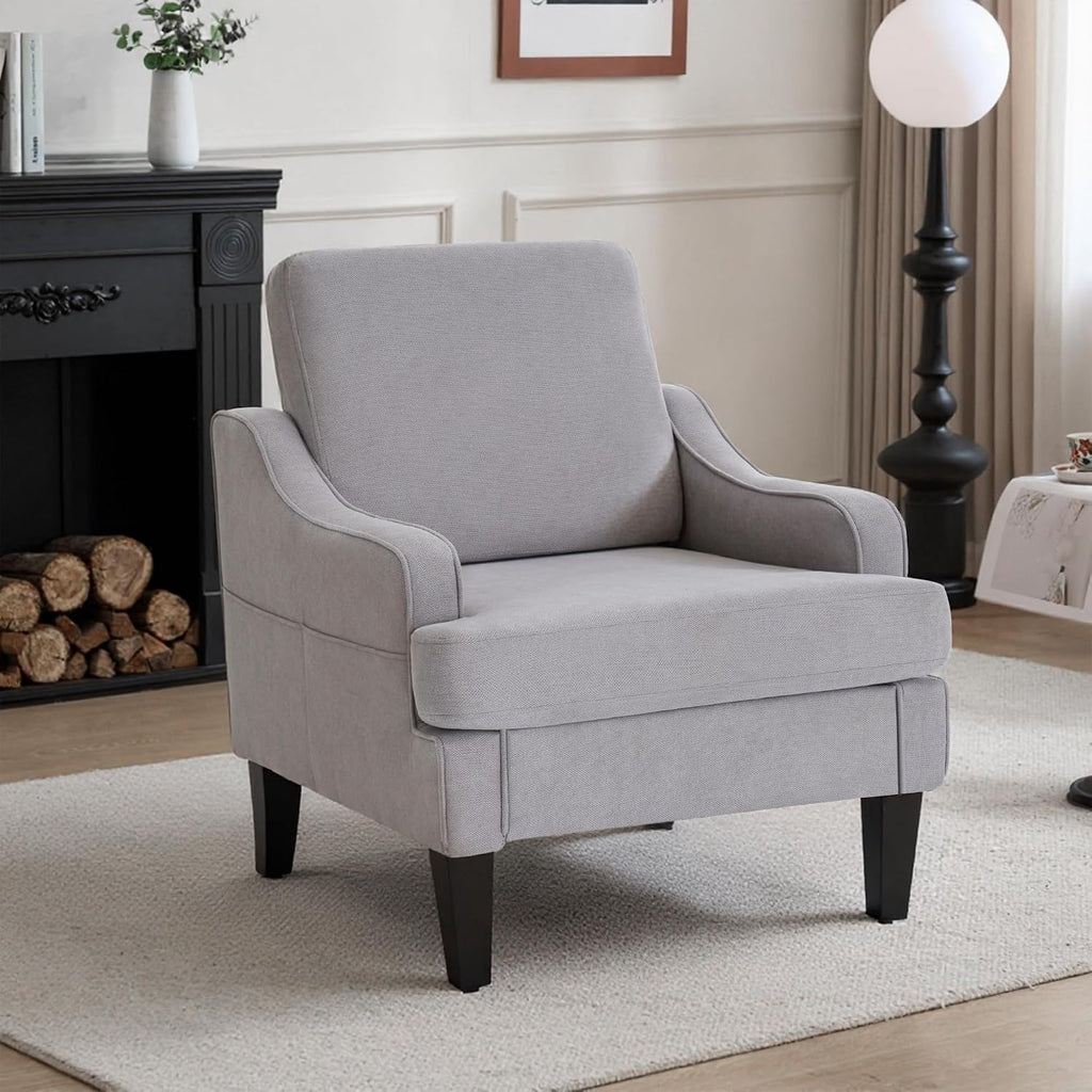 Mid-Century Accent Chair, Comfy Arm Chair Upholstered Living Room Chair for Bedroom, Fabric Reading Chair with Wood Legs for Apartment, Waiting Room, Vanity Room (Gray)