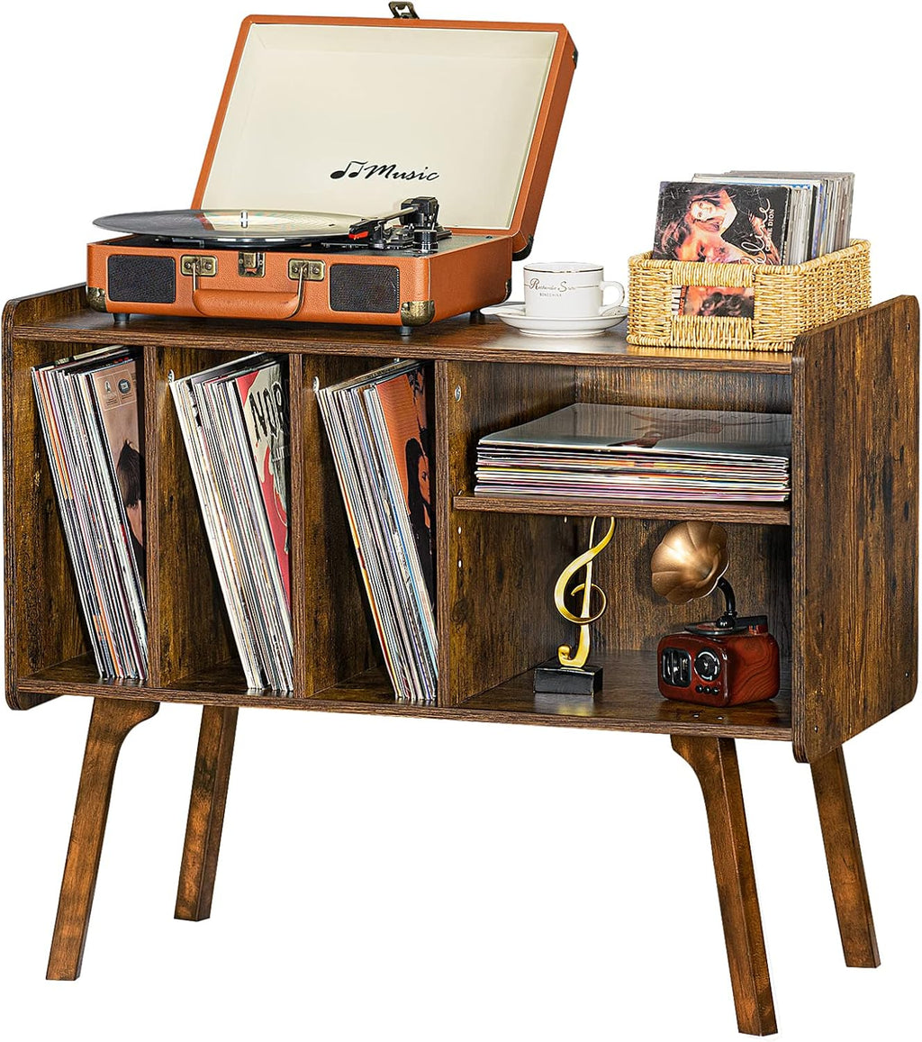 Lerliuo Record Player Stand with 4 Cabinet Holds Up to 220 Albums,Brown | Large Turntable Stand with Wood Legs, Mid-Century Record Player Table,Vinyl Holder Storage for Bedroom Living Room
