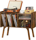 Lerliuo Record Player Stand with 4 Cabinet Holds Up to 220 Albums,Brown | Large Turntable Stand with Wood Legs, Mid-Century Record Player Table,Vinyl Holder Storage for Bedroom Living Room