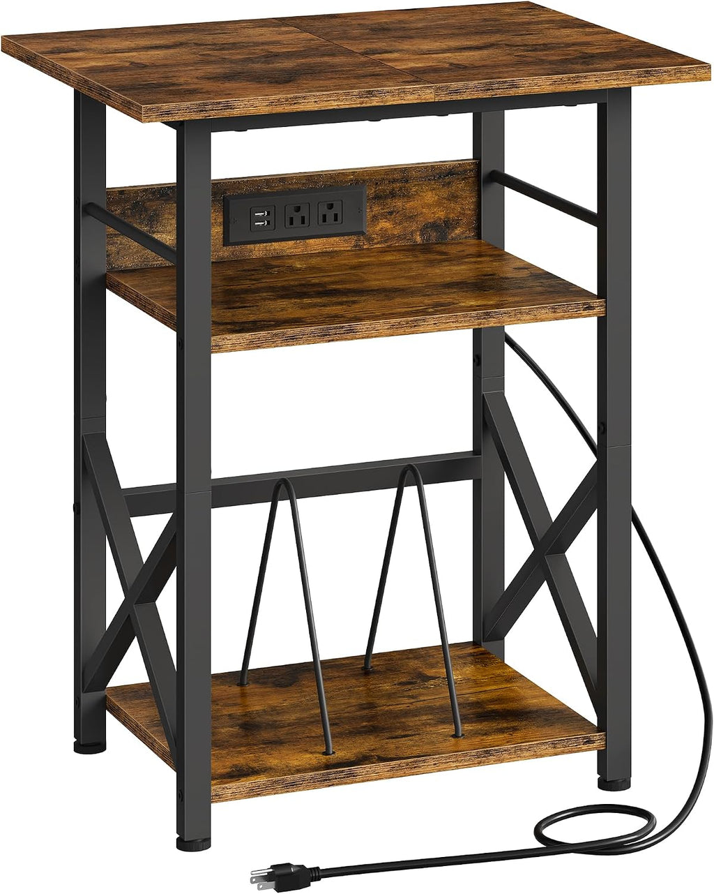 CHOEZON Record Player Stand with Power Outlet, Vinyl Record Storage Side Table, 19" Large Tabletop, Charging Station & Crossed Frame Design for Turntable, Rustic Brown and Black TBZ48UBF