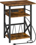 CHOEZON Record Player Stand with Power Outlet, Vinyl Record Storage Side Table, 19" Large Tabletop, Charging Station & Crossed Frame Design for Turntable, Rustic Brown and Black TBZ48UBF