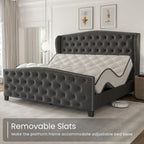 LARMACE Queen Size Bed Frame Velvet Upholstered Platform Bed with Wingback Headboard & Footbaord, Deep Button Tufted Bed Frame with Wood Slats Support, No Box Spring Needed, Grey