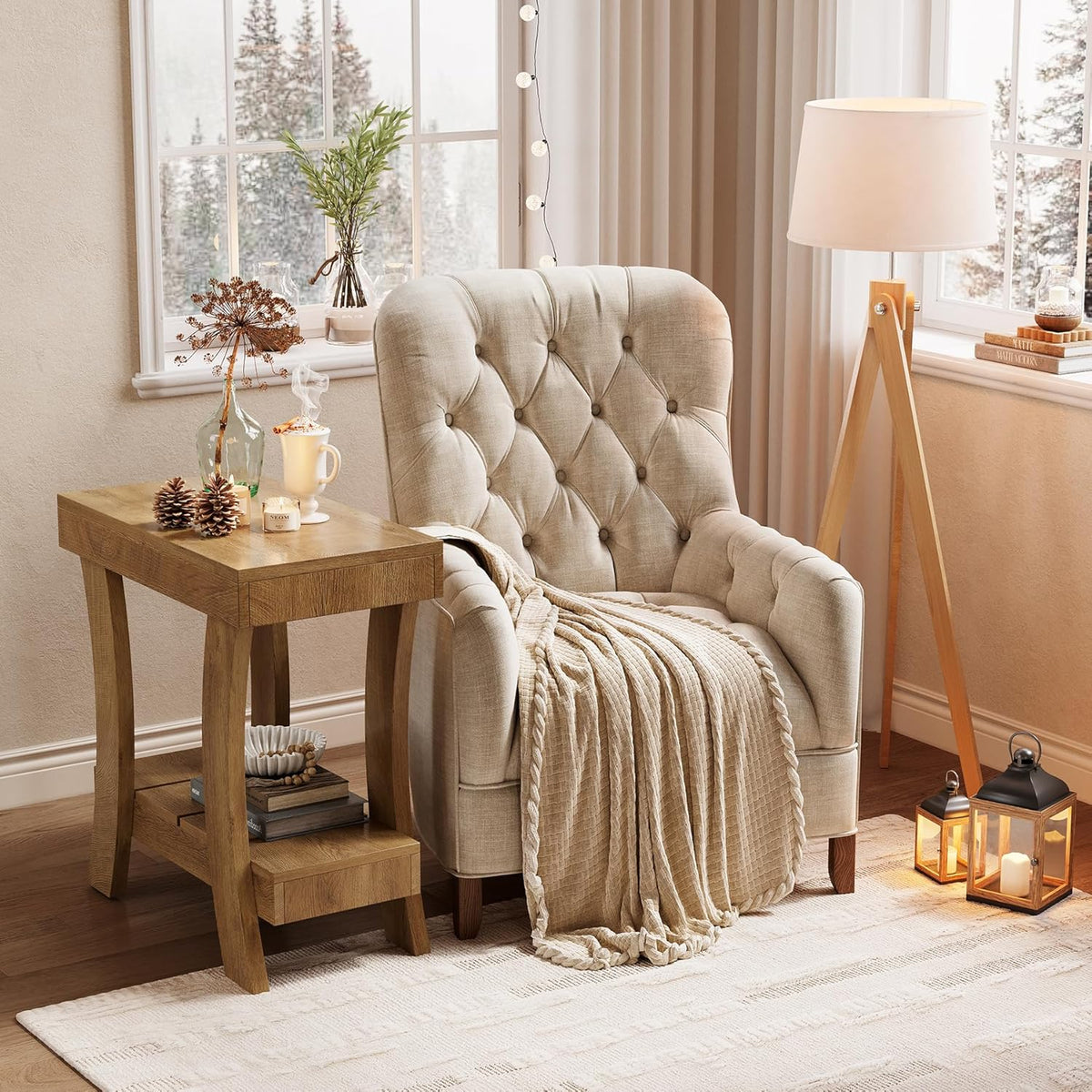 LITTLE TREE Narrow Side Table with Storage Shelf, 2-Tier Rectangular End Table with Wood Legs, Small Night Stand for Bedroom, Living Room, Small Spaces, 11.81" D x 23.62" W x 23.62" H