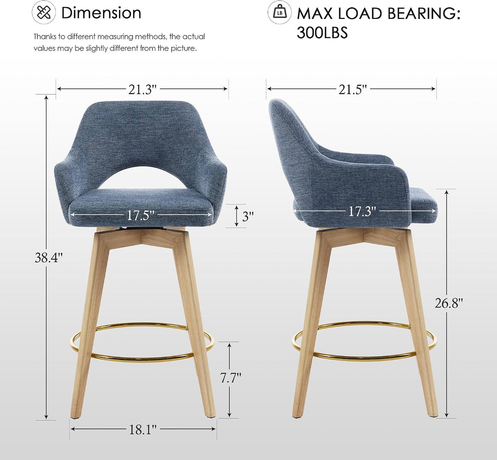 Zesthouse Swivel Counter Stools Set of 4, Wooden Counter Height Bar Stools | 26" Farmhouse Counter Stools with Back & Arm, Upholstered Linen Fabric Barstool with Solid Wood Leg, Blue Island High Chairs
