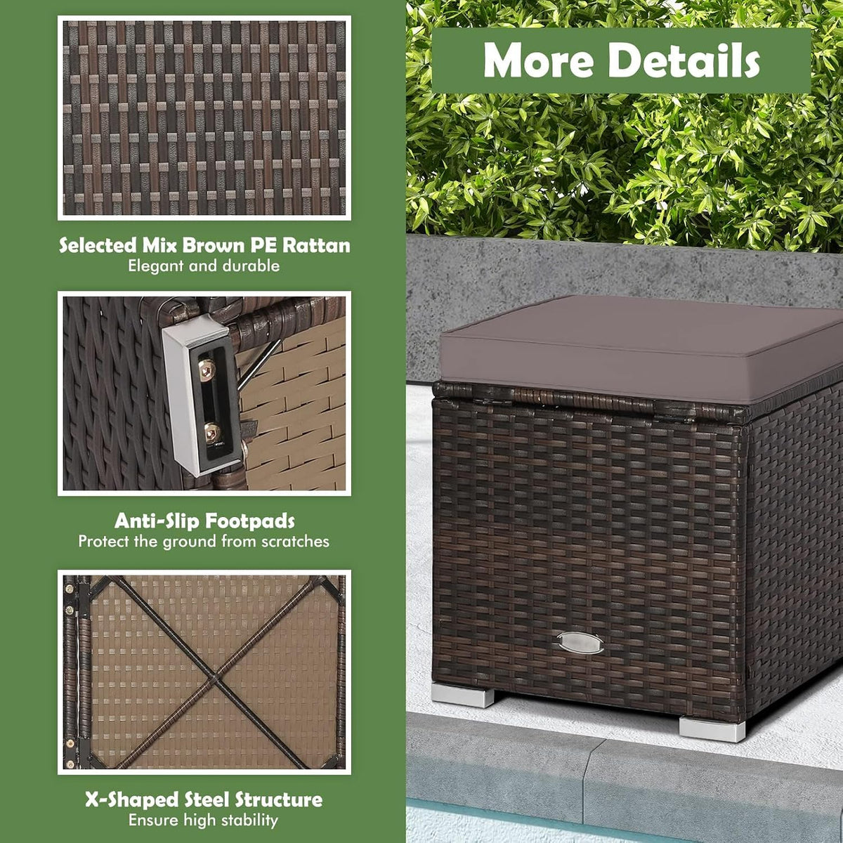 HAPPYGRILL 2PCS Patio Ottoman Set Outdoor Wicker Stool with Storage, Rattan Footrest Ottoman with Solid Metal Frame and Cushion for Backyard Poolside Garden Porch Balcony