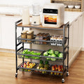 Cinati 4-Tier Utility Kitchen Cart with Wood Top, 29" W Kitchen Storage Cart with 8 Baskets & Handle, Metal Snack Cart with Wheels, Adjustable Pantry Organizer and Storage Cart for Fruit, Vegetables
