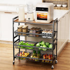 Cinati 4-Tier Utility Kitchen Cart with Wood Top, 29" W Kitchen Storage Cart with 8 Baskets & Handle, Metal Snack Cart with Wheels, Adjustable Pantry Organizer and Storage Cart for Fruit, Vegetables