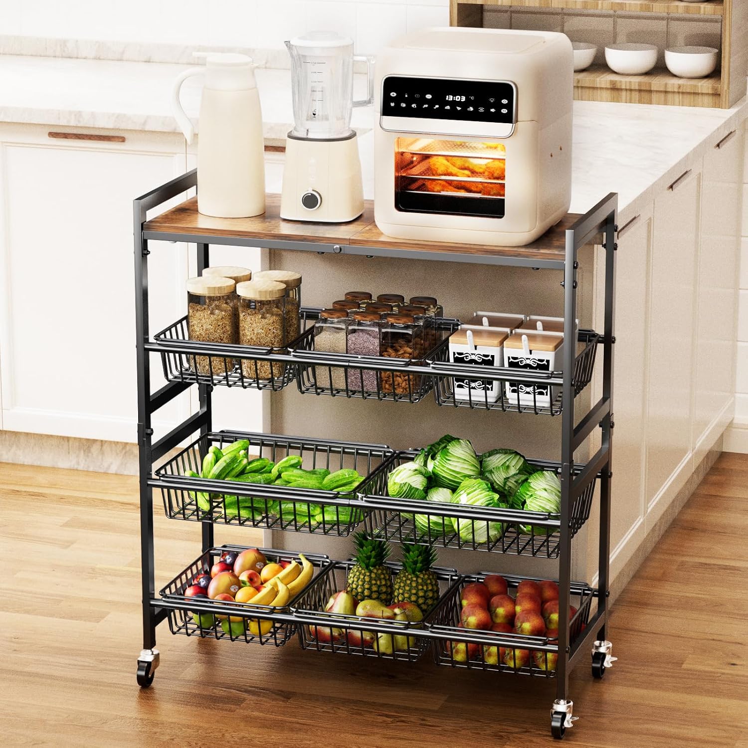 Cinati 4-Tier Utility Kitchen Cart with Wood Top, 29" W Kitchen Storage Cart with 8 Baskets & Handle, Metal Snack Cart with Wheels, Adjustable Pantry Organizer and Storage Cart for Fruit, Vegetables