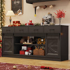 70” Large Buffet Sideboard Cabinet w/4 Drawer,Farmhouse Coffee Bar Cabinet Buffet with Storage,Sliding Door,Long Kitchen Buffet Table,Kitchen Sideboard Cabinet,Credenza for Dining Room,Black