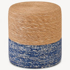 Wimarsbon Natural Seagrass Foot Stool, Hand Weaving Round Ottoman, for Living Room, Outdoor Seat (Natural & Blue)