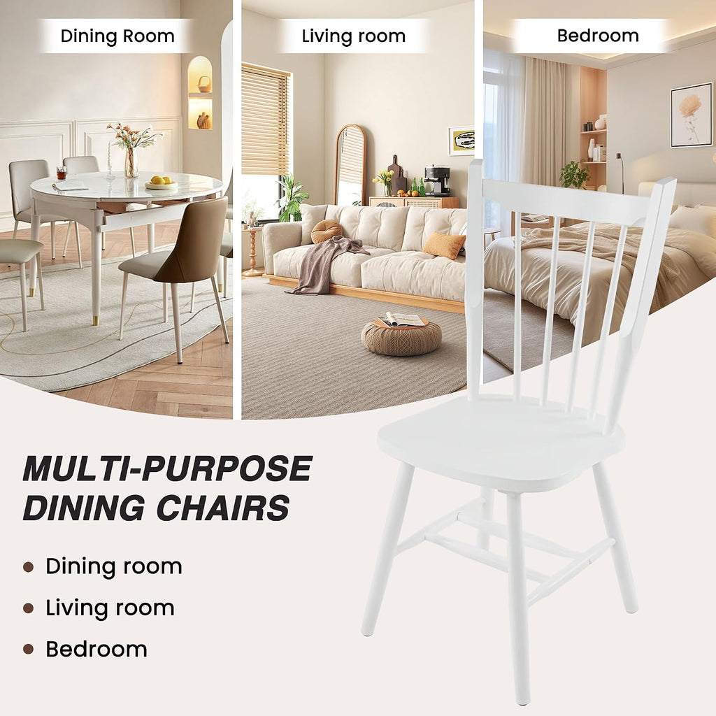 HNY White Windsor Dining Chairs Set of 2, Farmhouse Wooden Kitchen Chairs with Spindle Back, Mid Century Modern Armless Kitchen Side Chair for Dining Living Room Restaurant