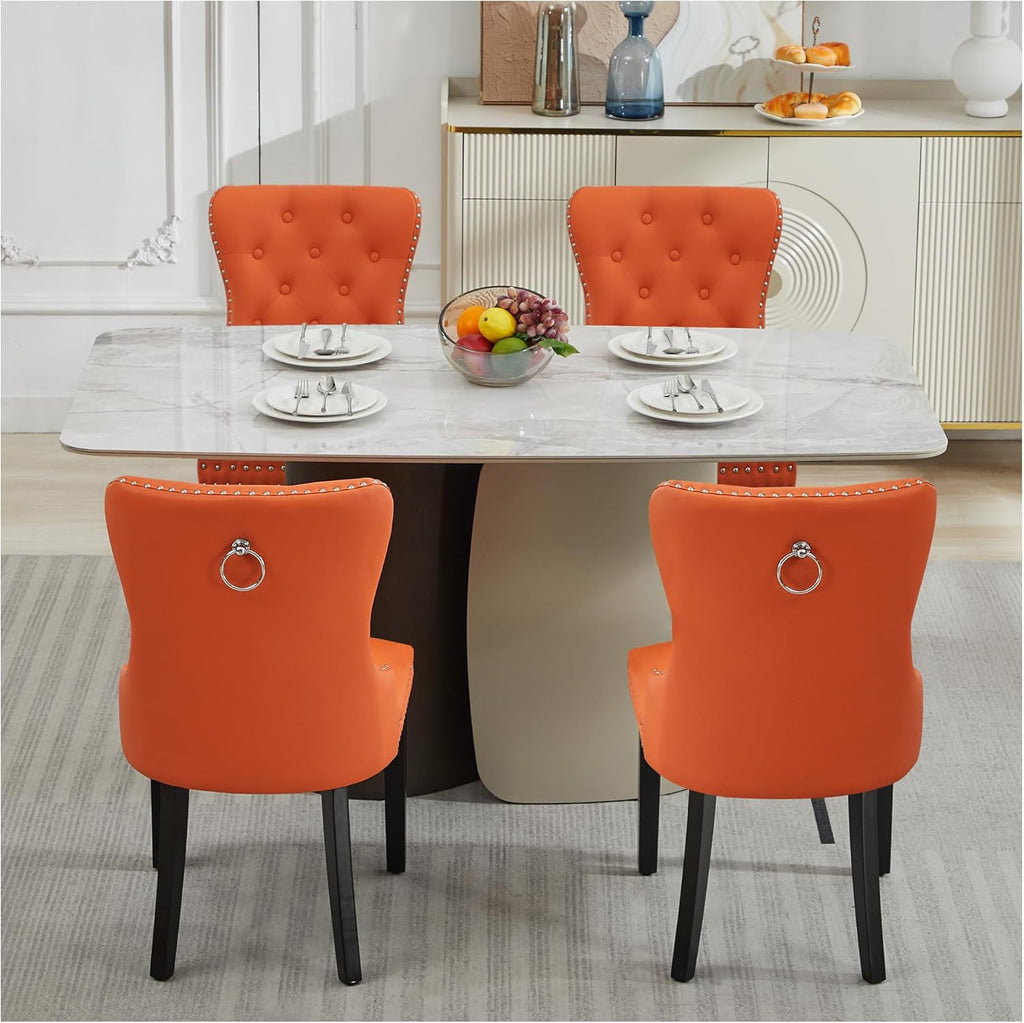 adochr PU Leather Dining Chairs Set of 2, Tufted Upholstered Dining Room Chair with Pull Ring and Solid Wood Legs, Orange