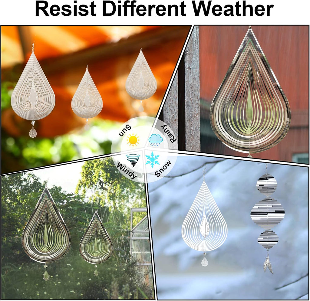 Wind Spinners, 2× 3D Stainless Steel Outdoor Hanging Wind Spinner, 2× Metal Pendants and 3× 360° Rotating Hooks with Wirerope, Reflective Decor for Outside Yard and Garden (Shape No.1)