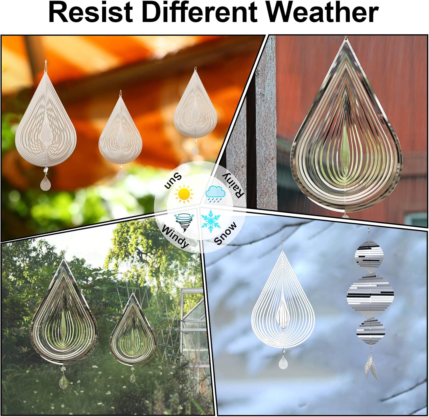 Wind Spinners, 2× 3D Stainless Steel Outdoor Hanging Wind Spinner, 2× Metal Pendants and 3× 360° Rotating Hooks with Wirerope, Reflective Decor for Outside Yard and Garden (Shape No.1)